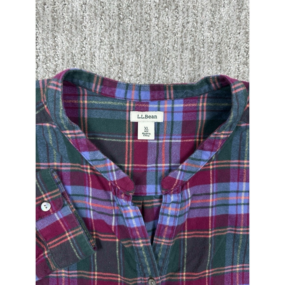 LL Bean Flannel Plaid Shirt Relaxed Fit Womens XL Green Purple Cabincore - Picture 3 of 11